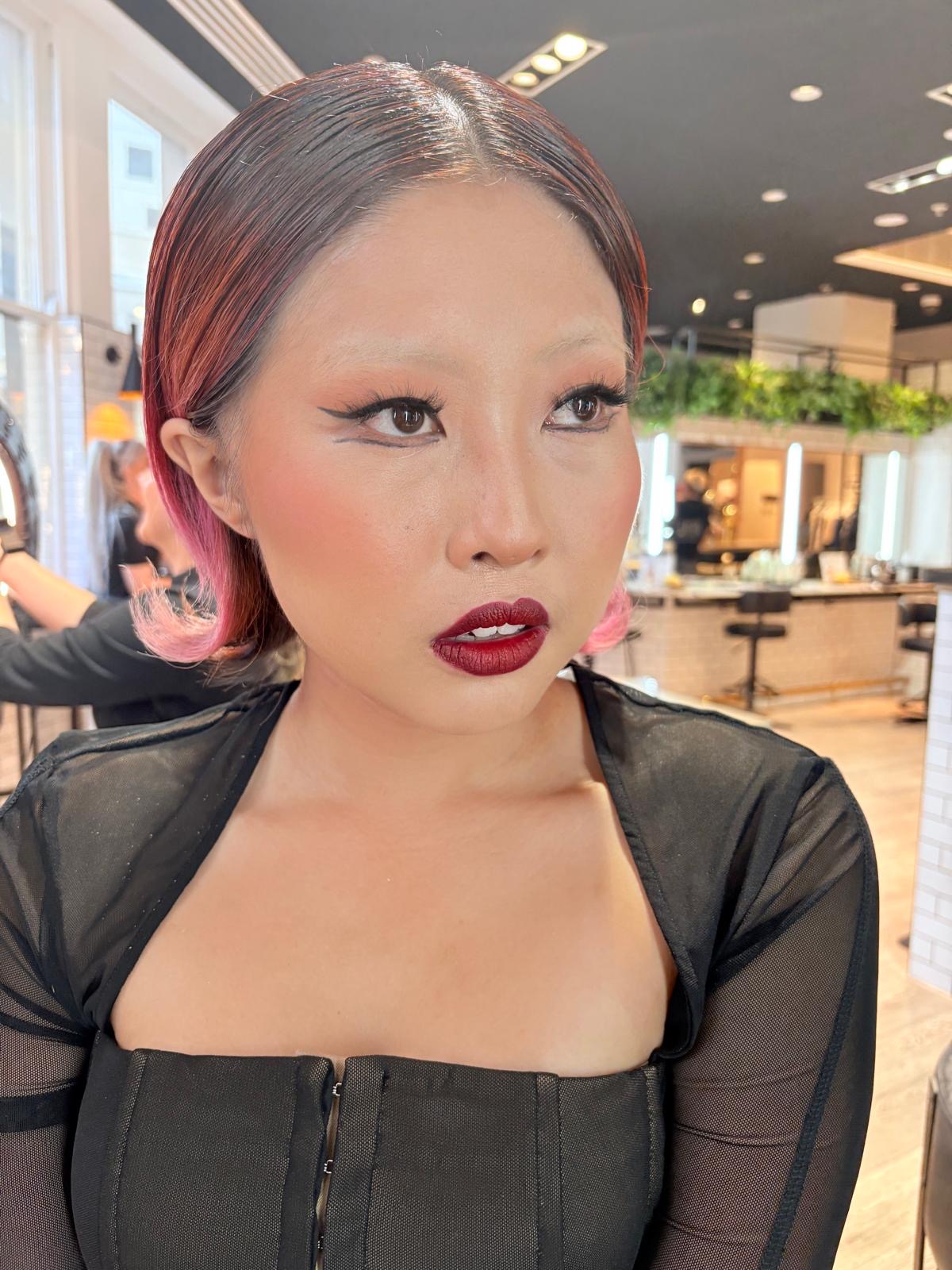 Editorial graphic liner for the campaign shoot, berry lip and slick pink ends